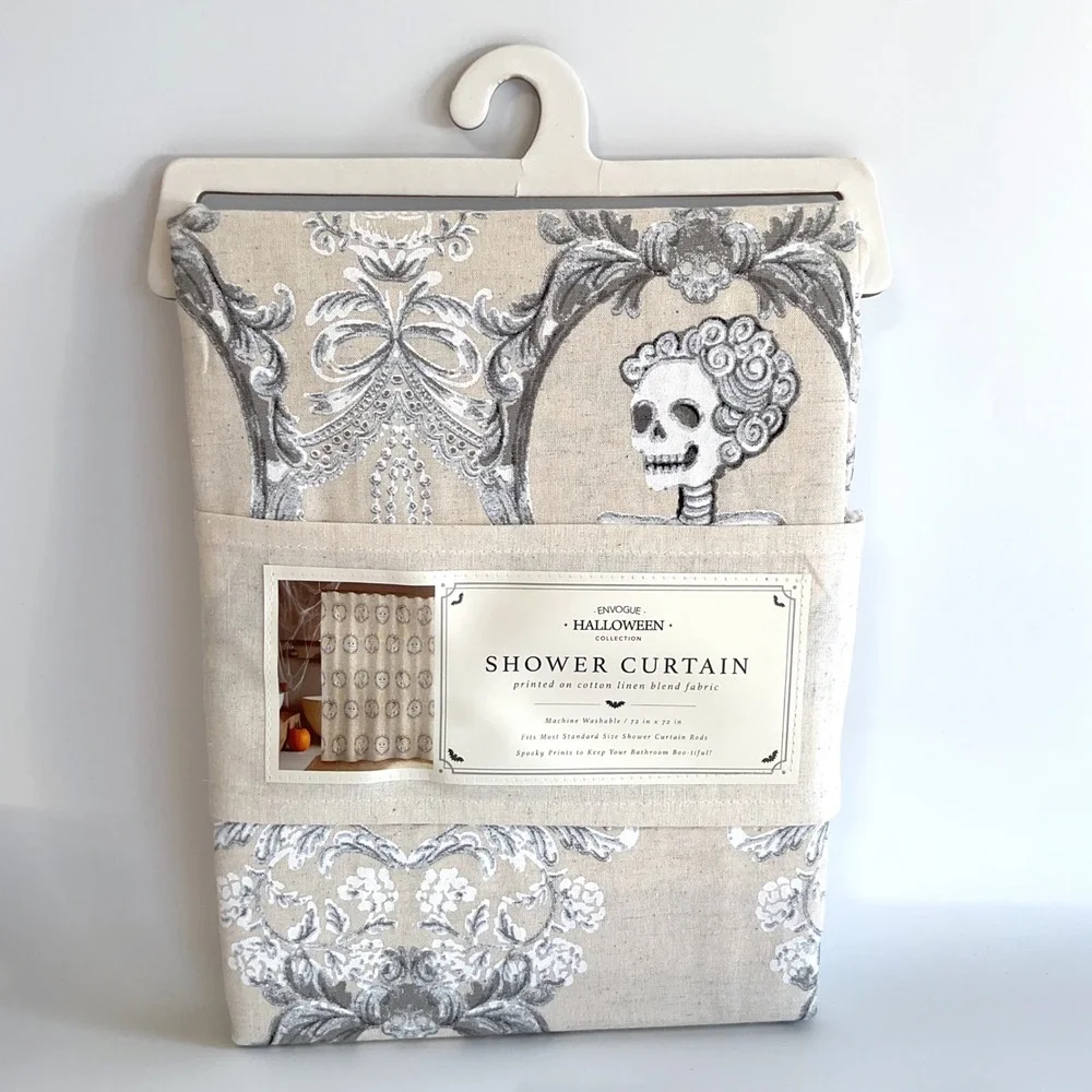 Envogue Halloween Skeleton Pumpkin Damask Cotton Linen Shower Curtain 72x72  NEW